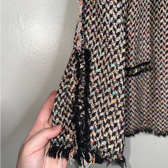 Zara Woman Multicolor Tweed Open Front Blazer Jacket Fringe Trim Size XL - Picture 6 of 8